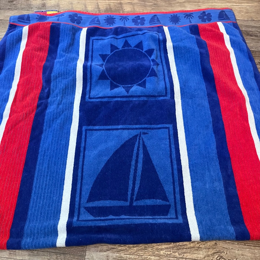 Egyptian Cotton Oversized Beach Towel Blue Red Nautical Sun Sailboat 33x64